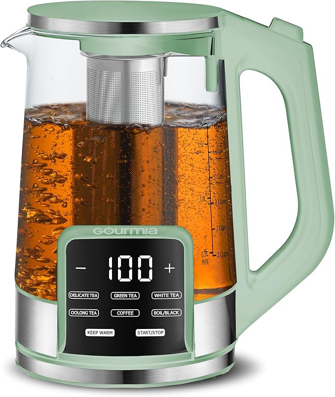 Gourmia Electric Programmable Glass Kettle – 1.7L Temperature Control Tea & Coffee Kettle with Digital Touch Display, 6 Presets, Keep Warm, Removable Stainless Steel Infuser, 360° Swivel Base – Green