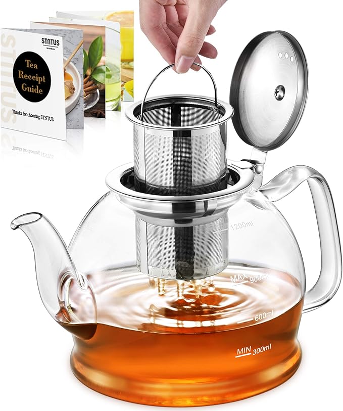 STNTUS Glass Teapot, 40 oz. / 1200 ml for Loose Tea, With Infuser and Stainless Steel Strainer, Stovetop Safe, 4-6 Cups