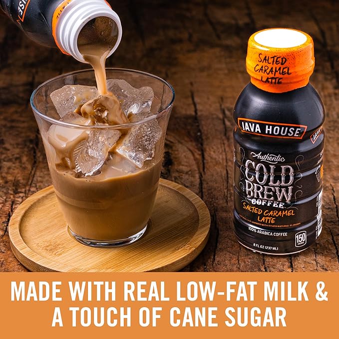 Java House Cold Brew Coffee Ready to Drink Bottles - Salted Caramel Latte - Pack of 12 8oz Bottles - 100% Arabica Coffee