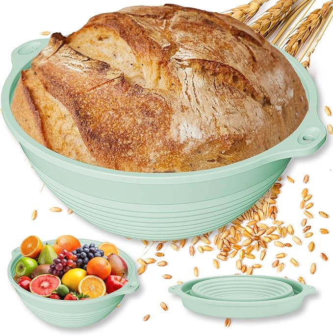 Upgraded Silicone Sourdough Bread Proofing Basket with Handles - Reinforced Rim Support, 9 Inch Round Foldable Bowls for Sourdough Bread Baking, Oven & Dishwasher Safe-BPA Free (Green)