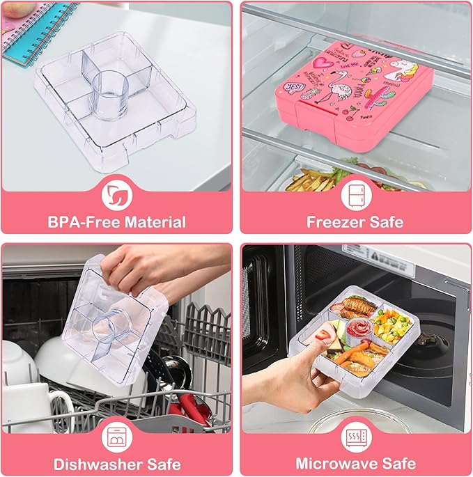 Bento Lunch Box Set With 10oz Soup Thermo, Leak-proof Lunch Containers with 4 Compartment, Kids Hot Thermo Food Jar/Insulation Lunch Bag, Food Containers for School（Flamingo）