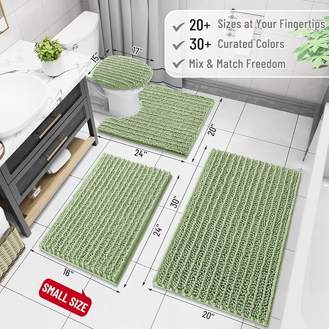 Arotive Luxury Chenille Bathroom Rug Mat, Extra Soft Thick Absorbent Shaggy Bath Rugs, Non-Slip Machine Wash Dry, Plush Bath Mats for Bathroom, Shower and Tub, 59x35, Sage Green