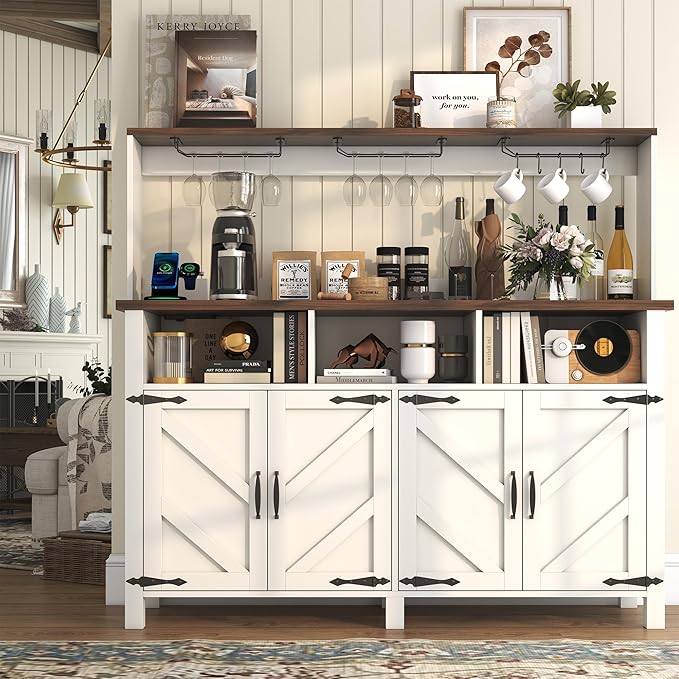 Buffet Sideboard with Storage Hutch with Power Outlets 4 Doors, Large Farmhouse Kitchen Storage Cabinet Wood Coffee Bar Cabinet with Goblet Holder and Cup Hooks for Kitchen, Dining Room, Entryway