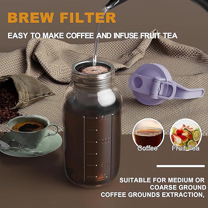 Cold Brew Coffee Maker Jar - 64oz Thick Glass Multipurpose Mason Pitcher Spout Lid with Handle & Stainless Steel Filter for Iced Coffee, Lemonade, Ice Tea, Homemade Fruit Drinks Container