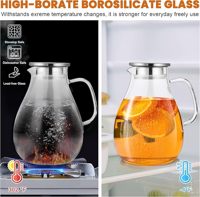SUSTEAS 3 Litre 101oz Glass Pitcher Jar with Lid and Nozzle, 3.17Quart Cold/Hot Water Glass Water Bottle, Ice Tea for Refrigerator, Large Water Jar for Juice, Milk, Coffee or Homemade Drinks