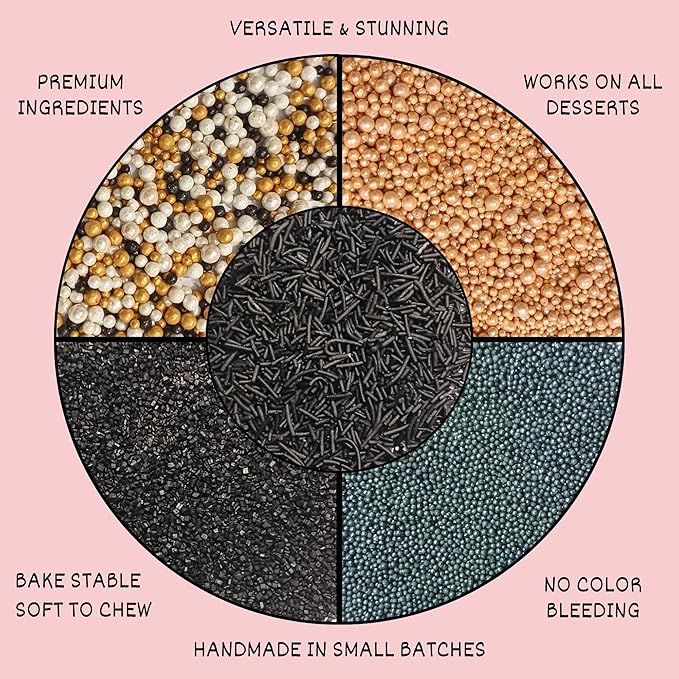 Confect Masquerade Sprinkles Mix – Champagne Gold & Black Pearl Dragees, Black Jimmies & Sparkling Sugar | Edible Sprinkles for Cakes, Cupcakes & Desserts | Vegan, Gluten-Free, Nut-Free, Soy-Free, Dairy-Free, Palm Oil-Free- 5 Oz