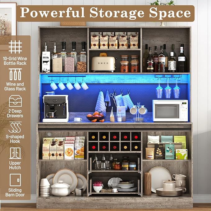 74" Tall 63" Wide Larg Bar Cabinet w/ Outlet,6000-color LED Light,Pegboard,Farmhouse Hutch Bar Cabinet w/Barn Door,2 Big Drawers,Adjustable Shelves,10 Wine & Glasses Rack,5 Hook for Kitchen,OAK