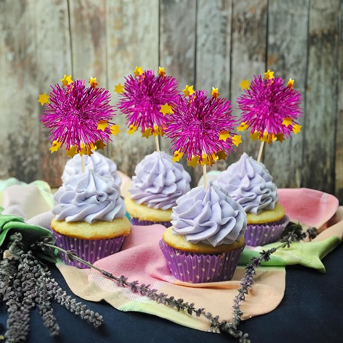 Ephlyn 30Pcs Foil Firework Cupcake Toppers Party Birthday Cake Toppers Supplies Sparkle Tinsel Cocktail Fruit Toothpick for Birthday Wedding Graduation Party Purple