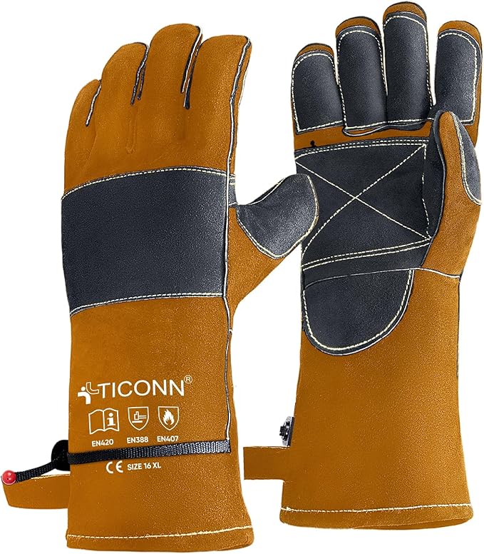 TICONN Welding Gloves, 1000°F Heat-Resistant Fireproof Leather Gloves for Welders, Stick, Forge, Mig, Tig, BBQ, Baking, Oven