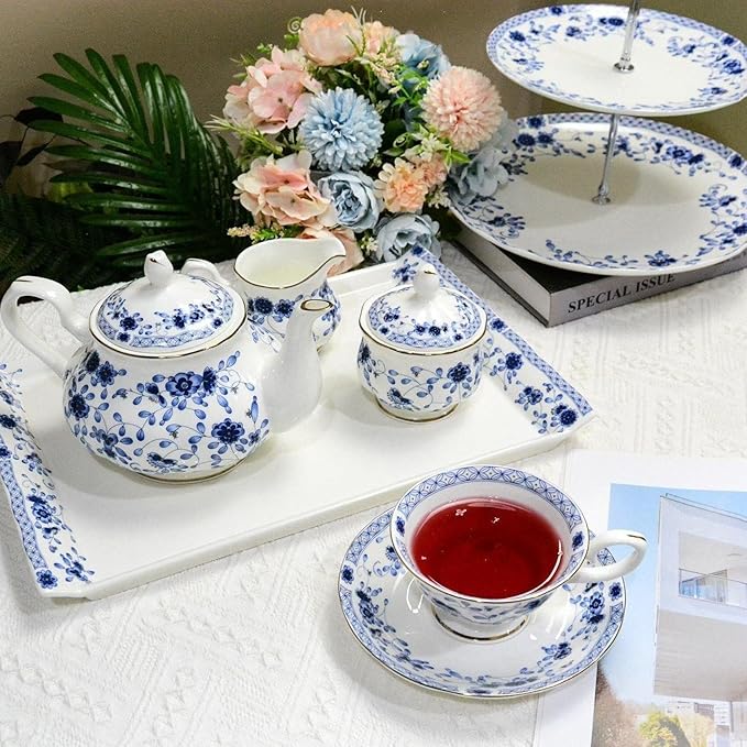 Bone China Tea Set for Adults, 13-Piece Porcelain Tea Sets,Blue and White Bone China Tea Cup Set for 4，Vintage Tea Sets for Women Tea Party or Christmas Gifts