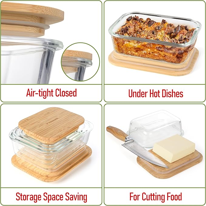 Set of 4 Stackable Space-Saving Nesting Glass Containers with Airtight Bamboo Lids - Lunch, Meal & Food Prep - Microwave & Oven Safe BPA Free Durable Heat Resistant Inert Borosilicate Glass