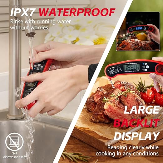 Meat Thermometer Digital, ULTRAKTE Instant Read Food Thermometer with Backlight & Calibration, Waterproof Ultra-Fast Cooking Thermometer with Foldable Probe for Kitchen, Grill, Deep Fry, BBQ, Candy