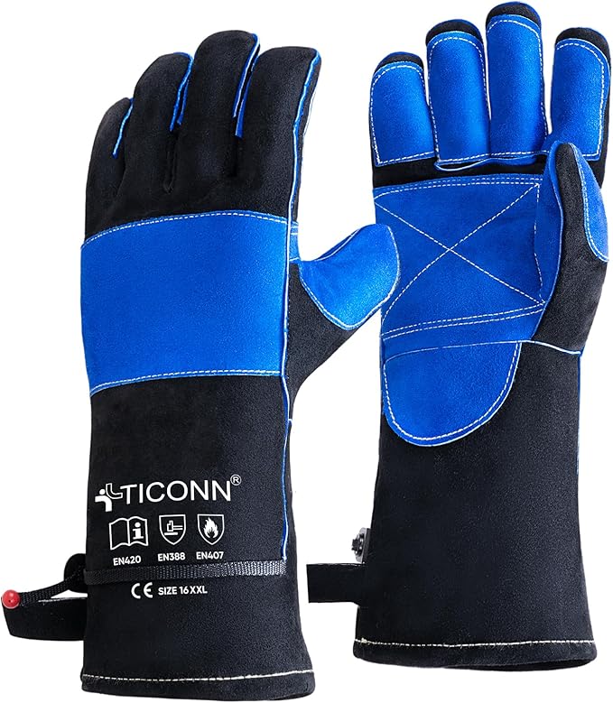 TICONN Welding Gloves, 1000°F Heat-Resistant Fireproof Leather Gloves for Welders, Stick, Forge, Mig, Tig, BBQ, Baking, Oven