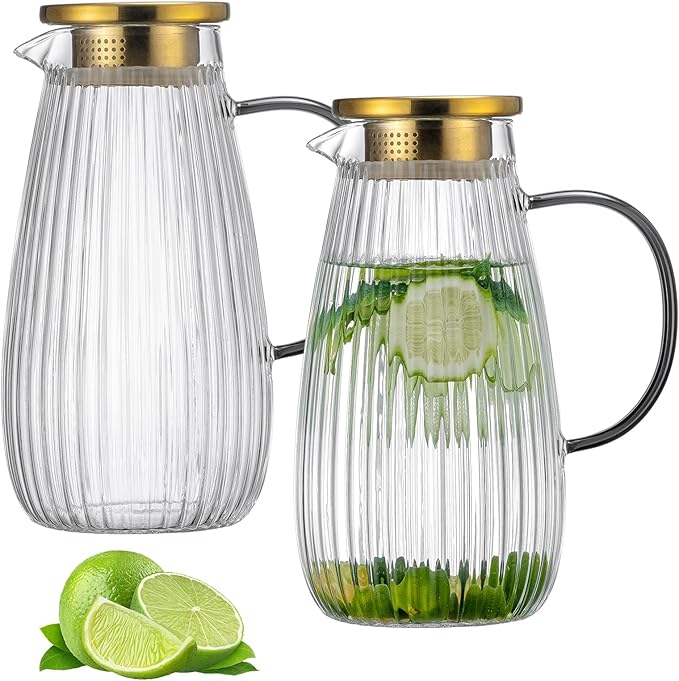 2 PACK Glass Pitcher with Lid and Spout,68 oz/2 Liter Vertical Stripes Water Pitcher for Fridge, Clear Borosilicate Glass Water Carafe for Cold Brew, Coffee, Lemonade, Sun Tea,Heat Resistant