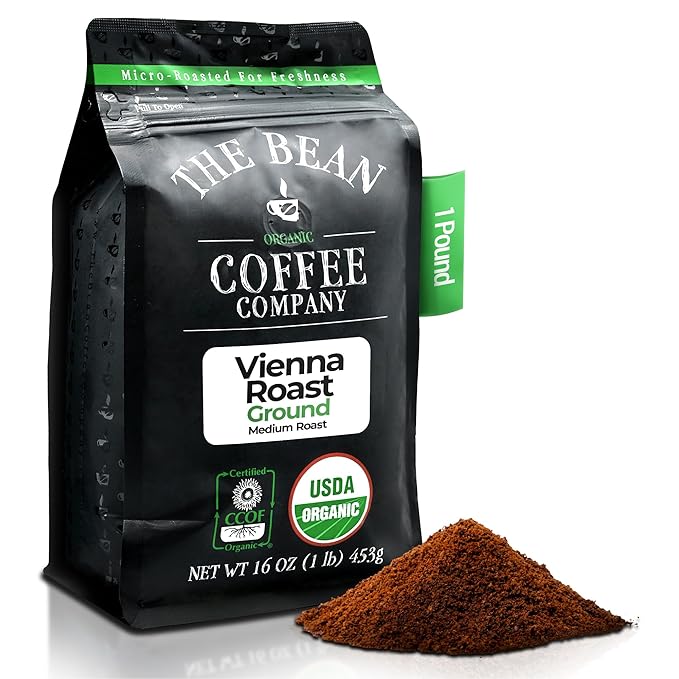 The Bean Organic Coffee Company Vienna Roast, Medium, Ground Coffee, 16-Ounce Bag,Café molido tostado organico
