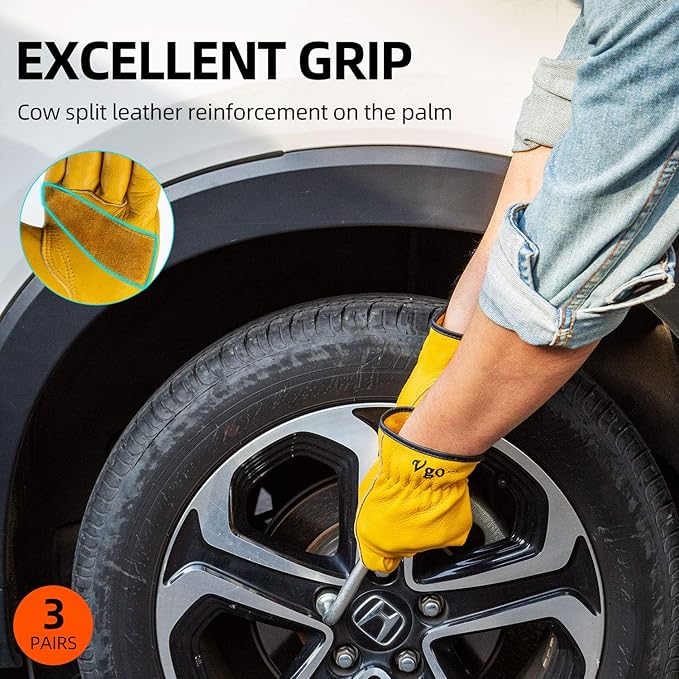Vgo 3-Pairs Unlined Cow Grain Leather Work and Driver Gloves with Cow Split Leather Palm Patch (Size L, Gold,CA9590)