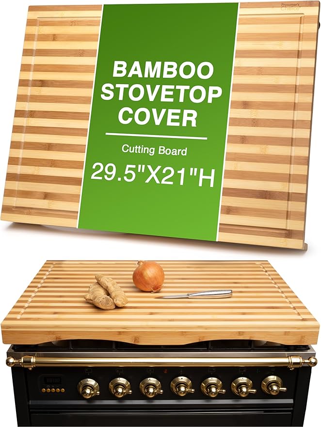 Prosumer's Choice Stovetop Cover Bamboo Cutting Board | Premium, Sustainable, Expands Kitchen Space, Easy to Clean - with Adjustable Legs and Juice Grooves - Large - 29.5"L x 3.5"W x 21"H