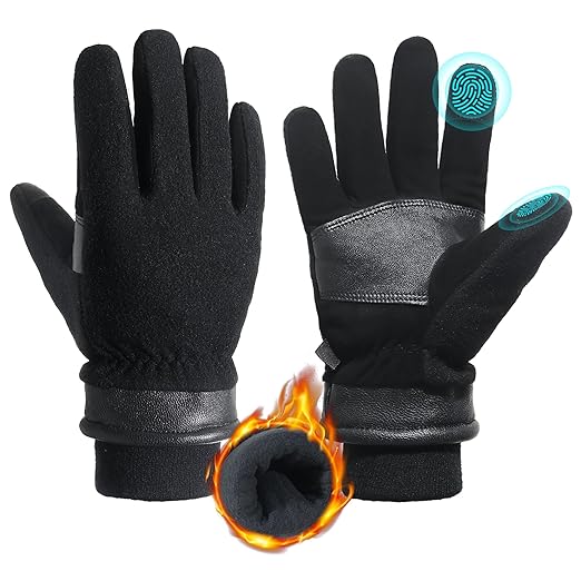 HANDLANDY Winter Gloves for Men Women, Thermal Gloves for Cold Weather Driving Cycling Ski Outdoor, Insulated Leather Work Gloves (Large, Black)