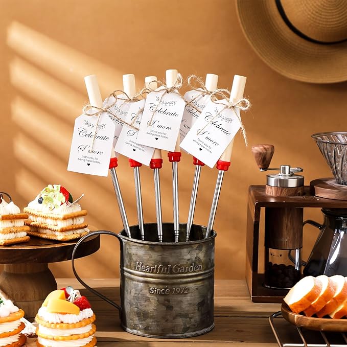 6 Sets S'mores Party Favor Includes Smores Sticks for Fire Pit Celebrate Smore Birthday Party Favors Tags with String Extendable Marshmellow Sticks Smores Skewers for Wedding Camping