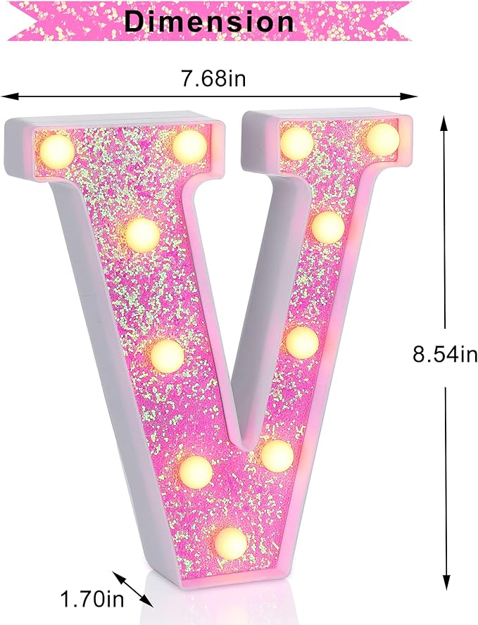 Foaky Pink Light up Letters，Pink Party Decorations,Girls Room Decor,Glitter Light Up Letters,Alphabet Letter Sign for Night Light Birthday Party Girls Gifts, Home Bar Decoration（V）