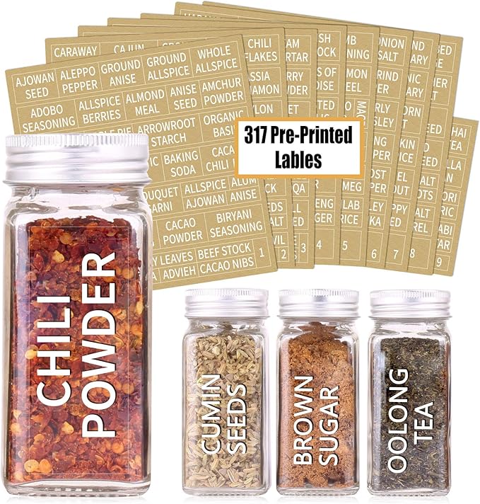 SWOMMOLY 25 Glass Spice Jars with 703 Spice Labels, Chalk Marker and Funnel Complete Set. 25 Square Glass Jars 4OZ, Airtight Cap, Pour/sift Shaker Lid