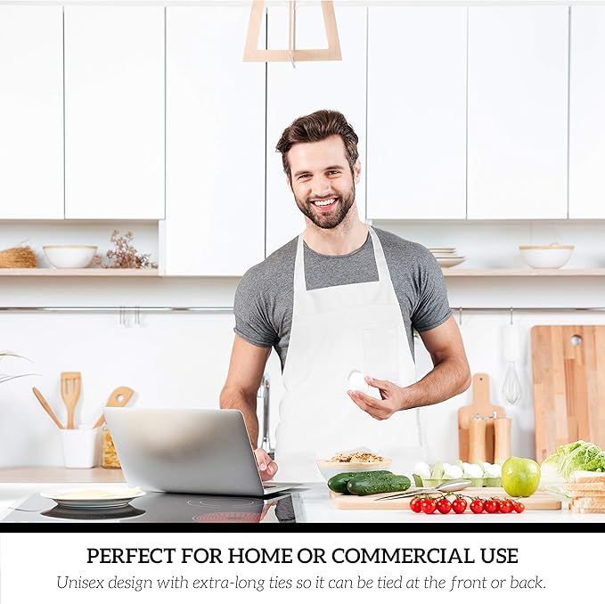 GREEN LIFESTYLE 120 Pack Chef Apron with Pockets – Grilling Aprons for Men, Waterproof Cooking Apron for BBQ, Work or Restaurant Use, Kitchen Aprons for Women with Pockets – White