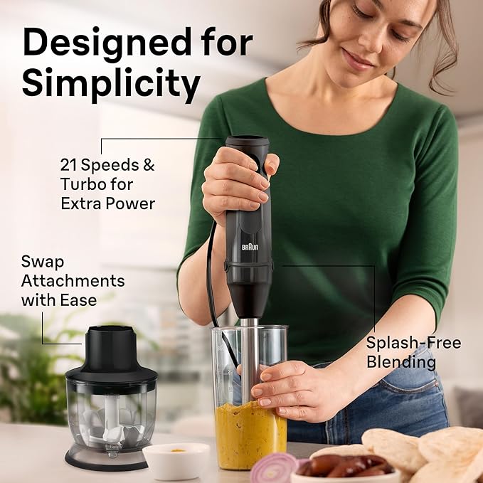 Braun MQ50202M MultiQuick Vario 5 Handheld Blender – 21-Speed Stick with Turbo Boost, Stainless Steel Blades, EasyClick System, 500W, Chopper, Whisk, Masher – Immersion Blender for Smoothies
