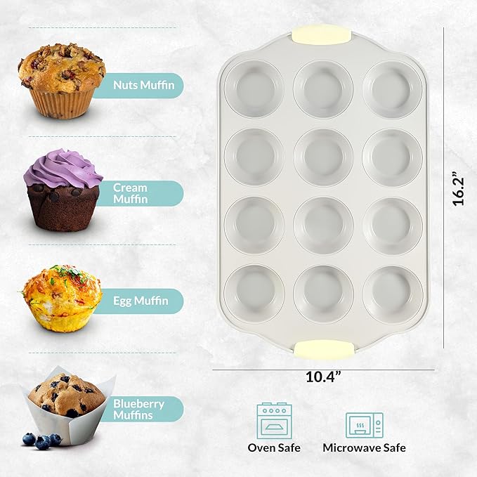 Boxiki Kitchen 12 Cups Ceramic Coated Muffin Pan for Baking - Durable Steel Frame Cupcake Pan w/Nonstick Surface - Professional Muffin Tray with Silicone Handles