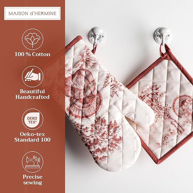 Maison d' Hermine 100% Cotton Oven Mitt & Pot Holder Set (7.5"x13" & 8"x8") Heat Resistant BBQ Cooking Gloves with Loop, Baking, Grilling, Kitchen, Handling Hot Pans (Holy Jouy - Brown)