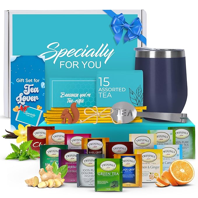 Tea Gift Set for Women and Men – Elegant Tea Sets for Women Gift with 15 Unique Teas, Stainless Steel Tumbler & 10 Honey Straws in Premium Box (Blue)