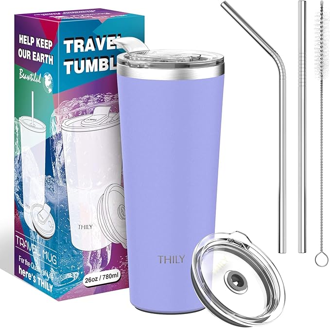 THILY Tumbler Stainless Steel Travel Mug 26 oz Triple-Insulated Coffee Cup with 2 Lids and Straws, Reusable, Powder Coated, Splash-Proof, Keep Ice Drinks Cold, Lavender