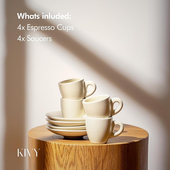 KIVY 3 oz Espresso cups set of 4 - Thick walled stoneware espresso cup set - Italian style espresso cups and saucers - Demitasse cups set of 4 - Coffee mugs - Demitasse cups and saucers sets