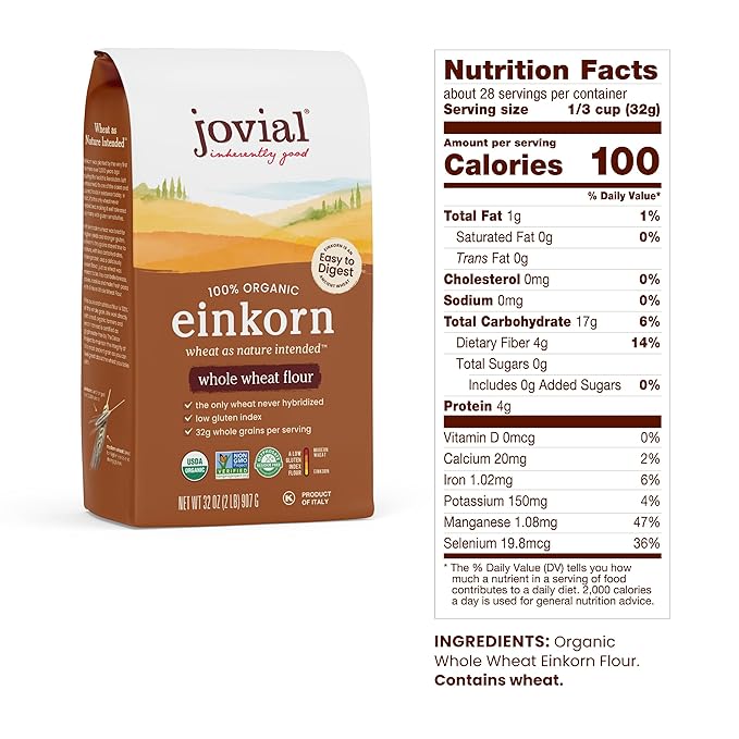 Jovial Organic Einkorn Whole Wheat & Unbleached All Purpose Flour - Bread Baking Flour for Sourdough, High Protein, Non-GMO, Organic Pizza & Pasta Flour, European Italian Flour - 32 Oz, 2 Pack