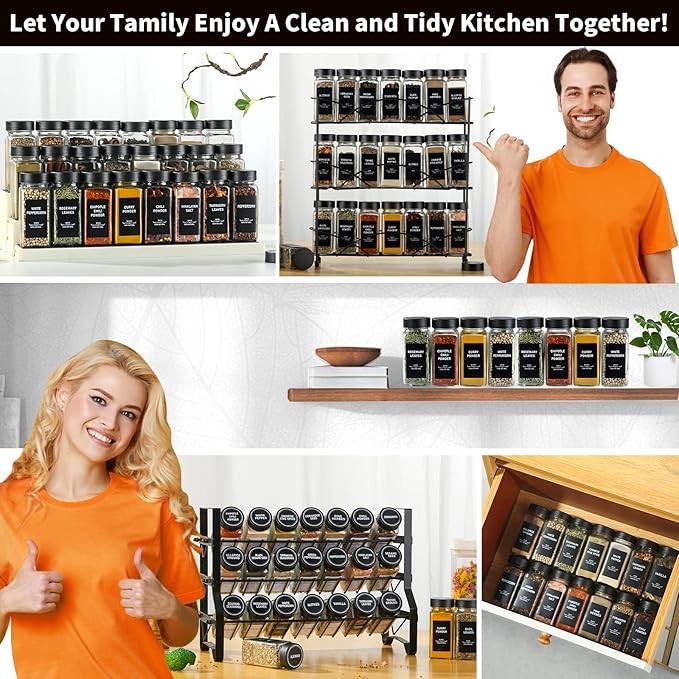 36Pcs Spice Jars Containers with Labels，4oz Black Seasoning Bottles with Shaker Lids for Rack, Cabinet, Drawer,Empty Square Condiment Pots (36, Black)