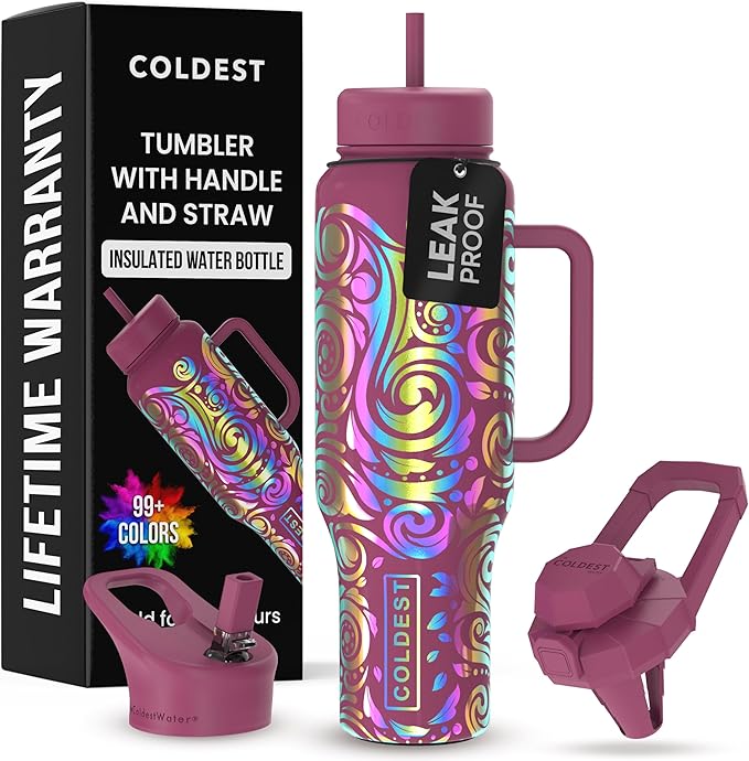 Coldest 40 oz Tumbler with Handle and Straw - 100% Leak Proof Insulated Tumbler with Lid and Straw (3 Lids) - Stainless Steel Tumblers for Women & Men - Cup Holder Friendly Base, 46 oz (Rose Spiral)