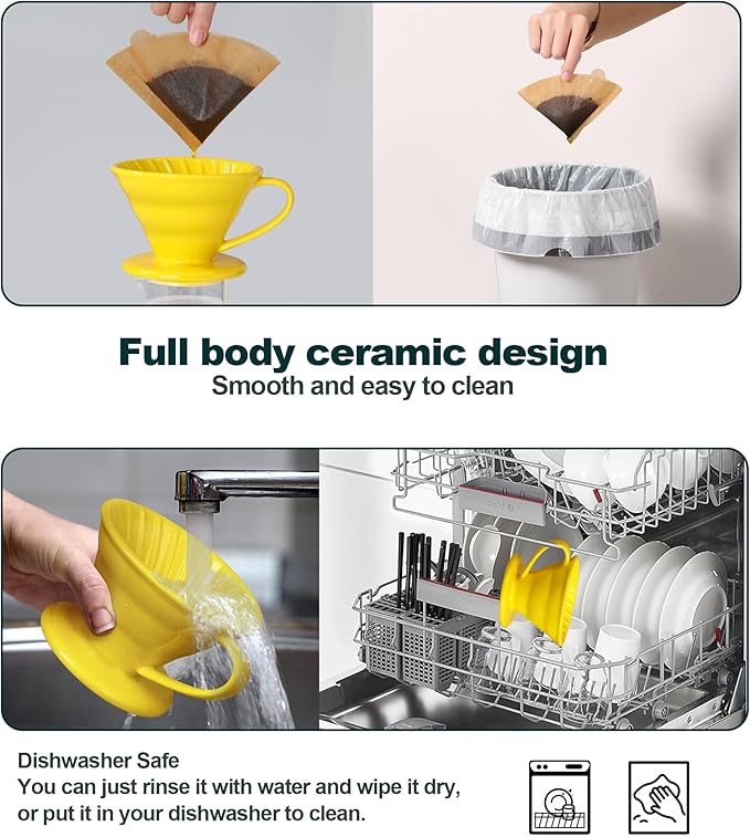 Pour Over Coffee Dripper - Ceramic Pour Over Coffee Maker Cone, Porcelain Coffee Drip, Pour Over Single Cup, Manual Brew Maker for Home, Cafe, Office - 1-4Cup, V60 Size 02 (Yellow)