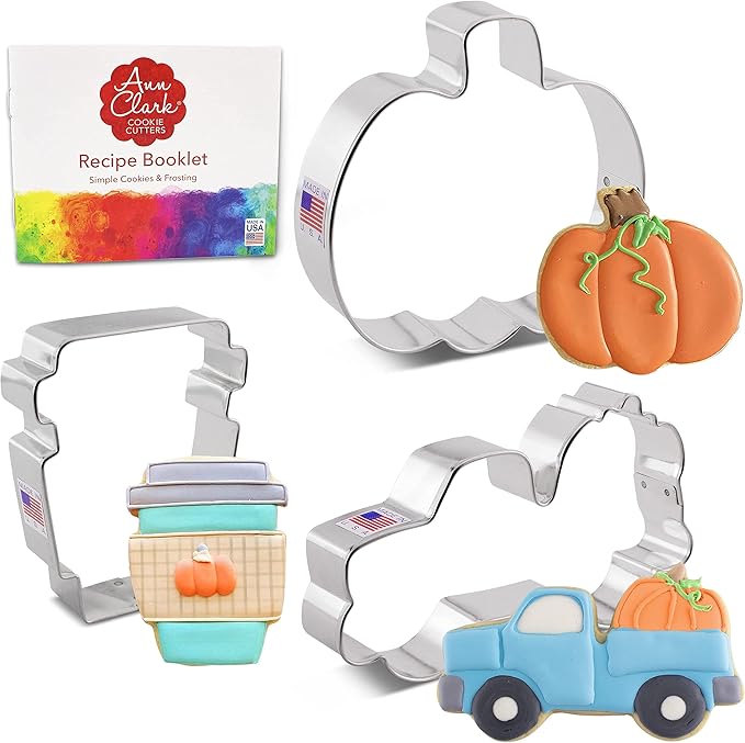 Ann Clark Cookie Cutters Fall Pumpkin Spice Cookie Cutters 3-Pc Set Made in the USA, Pumpkin, Harvest Truck with Pumpkin, Latte Cup