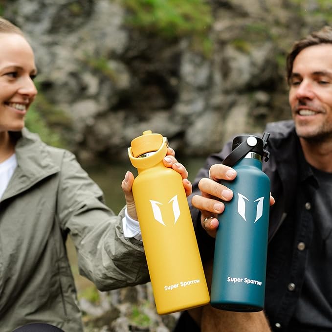 Super Sparrow Insulated Water Bottle - 17 Oz / 25 Oz / 32 Oz - Standard Mouth FlipFlow Flask - BPA Free, Leak Proof Drink Bottle- Ergonomic Straw Water Bottles for Work, Gym, Travel, Sports