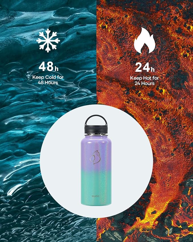 BUZIO 32 oz Water Bottle Insulated with Straw & 3 lid and Carrying Pouch, Leak Proof Anti-Slip Stainless Steel Water Flask Jug, Cold for 48 Hrs Double Vacuum Thermo Canteen, Pearlescent Purple Green