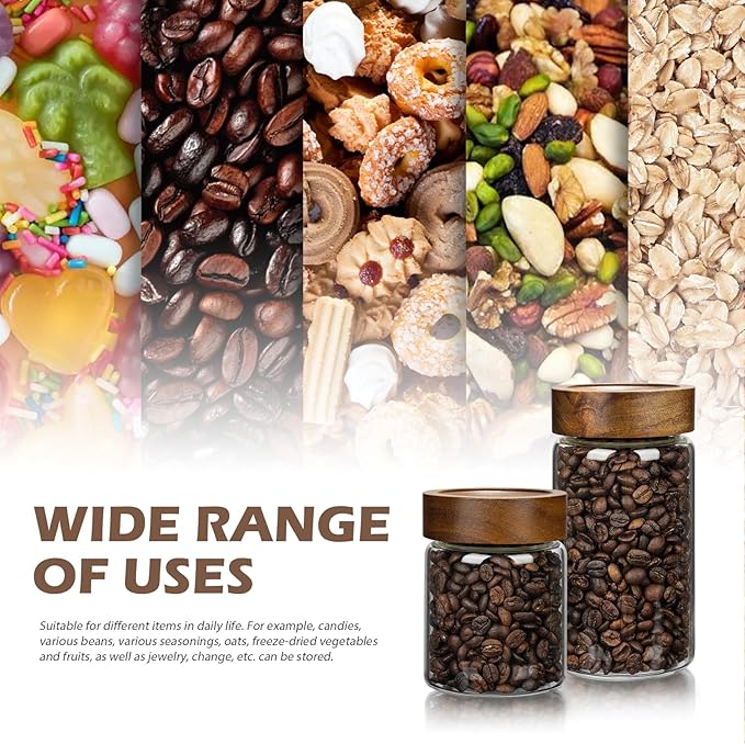 2PCS Small Glass Storage Jars with Airtight Lids, 19.3 fl oz (560ml) coffee container with Wooden Lid, Glass Pantry Canister for Beans, Rice, Sugar and etc