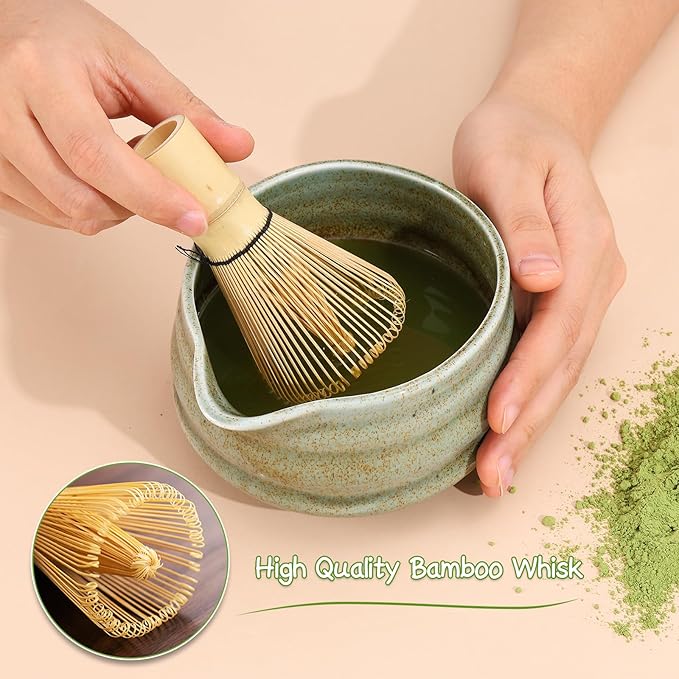 Matcha Whisk Set, 7 Pcs Matcha Kit Includes 18 oz Ceramic Matcha Bowl with Spout, Bamboo Whisk and Holder,Scoop with Stand, Sifter & Tea Towel, Complete Matcha Making Kit