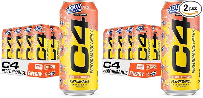 Cellucor C4 Performance Energy Drink | JOLLY RANCHER Peach | Zero Sugar Carbonated Preworkout Energy | 200mg Caffeine with Beta Alanine | 16 Fl Oz (24 Pack)