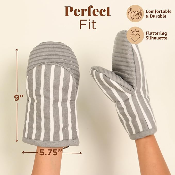 Folkulture Mini Oven Mitts Heat Resistant | (5.75 x9) Set of 2 White Short Oven Mitts with Hanging Loop | 100% Cotton Oven Gloves or Kitchen Mittens | Small Oven Mitt Set or Grey Silicone Oven Mitt