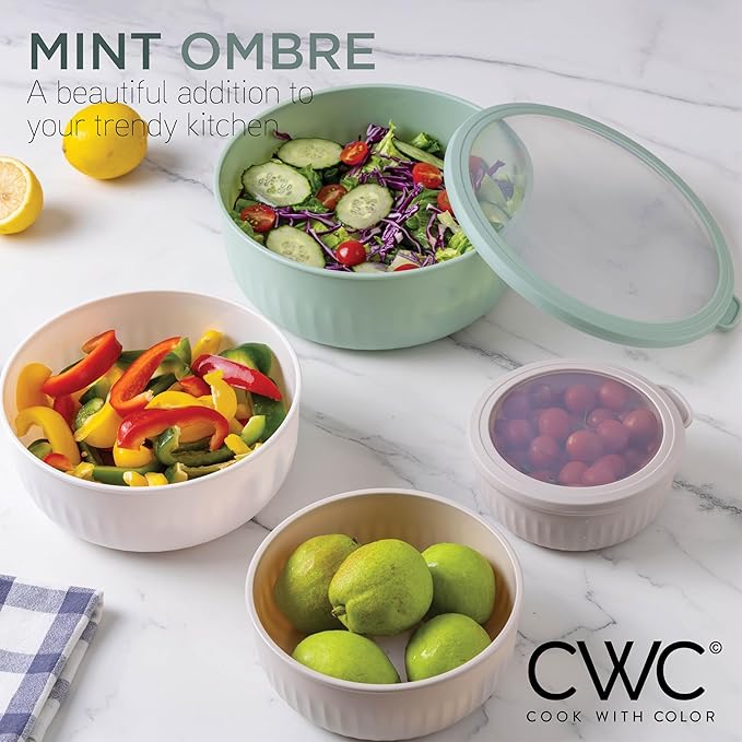 COOK WITH COLOR Prep Bowls with Lids- Wide and Deep Nesting Plastic Small Mixing Bowl Set with Lids, 12 Piece Set - Wide Bowls, Mint