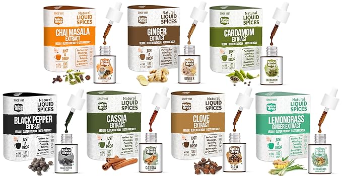 Spice Drop Variety Combo Pack Of 7 |Chai Masala, Cardamom, Ginger, Lemongrass, Cinnamon, Clove, And Black Pepper Extract| Vegan | Natural Extracts |180 Drops Each | 0.17 Oz * Set Of 7