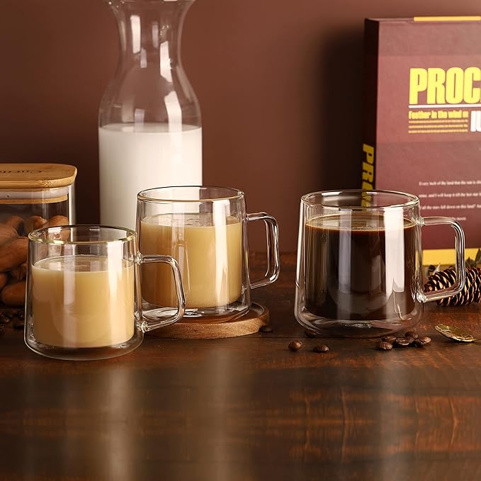 CNGLASS 12oz Glass Coffee Mugs,Double Wall Insulated Glass Cups with Handle,Clear Espresso Mugs for Latte,Cappuccino,Tea Bag,Set of 4