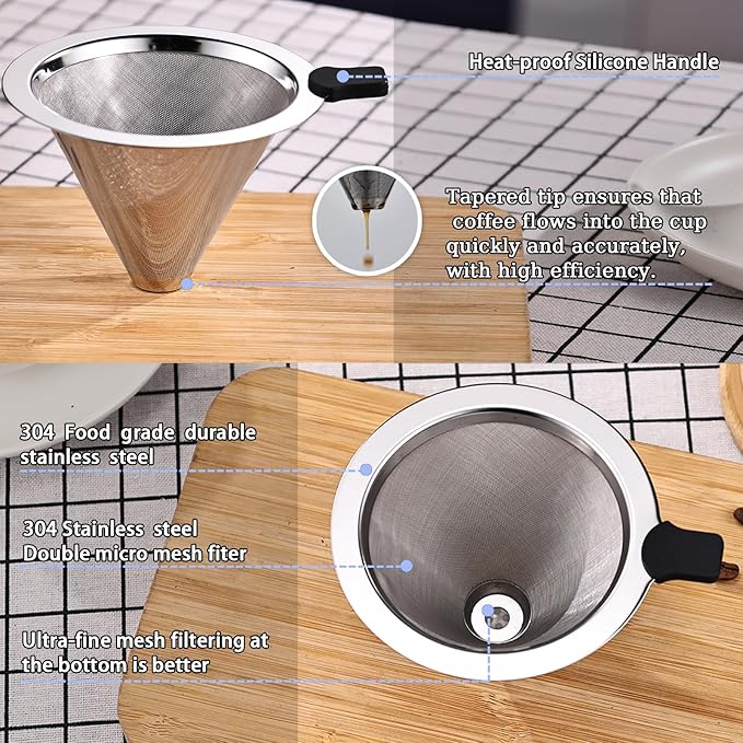 Small Size Pour Over Coffee Filter Dripper, Stainless Steel Metal Cone Drip Coffee Filter, Paperless and Permanently Reusable, Double Mesh Coffee,Tea Filter for 1-2 Cups