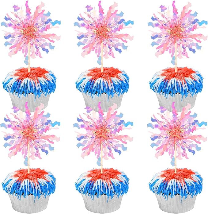 30 PCS Foil Firework Cupcake Toppers Sparkle Tinsel Cupcake Picks Happy Birthday Cake Toppers Drink Stirrers Cocktail Food Fruit Toothpicks for Baby Shower Wedding Party Decorations Supplies Orange