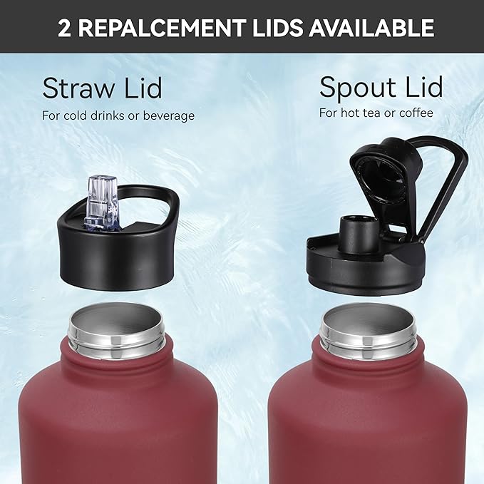 HASLE OUTFITTERS Half Gallon Insulated Water Bottles 64 oz, Stainless Steel Metal Water Jug with 2 Lids Keep Cold 48h/Hot 24h, Leak Proof & BPA-Free Water Flask Jug(Brick Red,1)