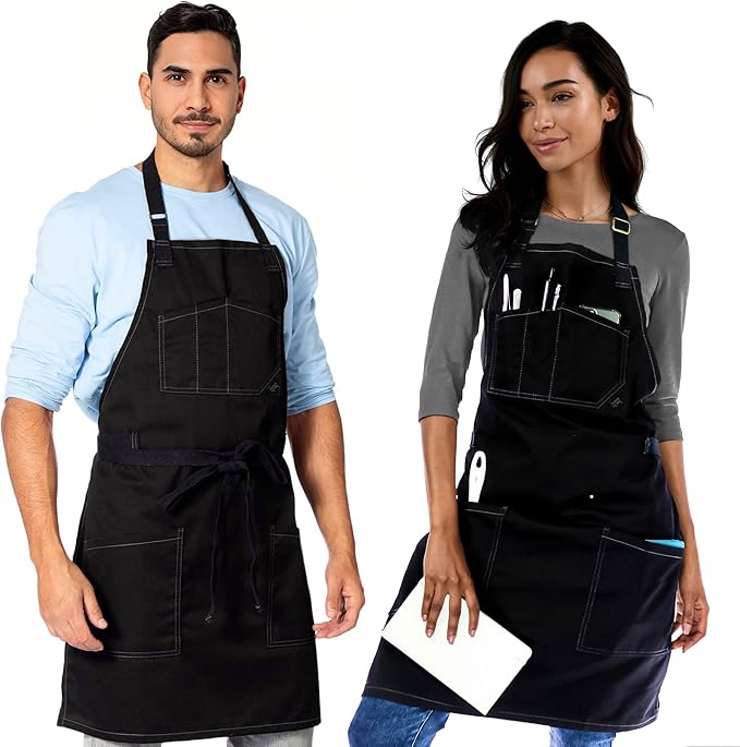 Under NY Sky Chef Apron – Professional Black Twill – Cotton Straps - Smart Pockets - Adjustable for Men and Women – Pro Chef, Cook, Kitchen, Baker, Barista, Bartender, Server Aprons